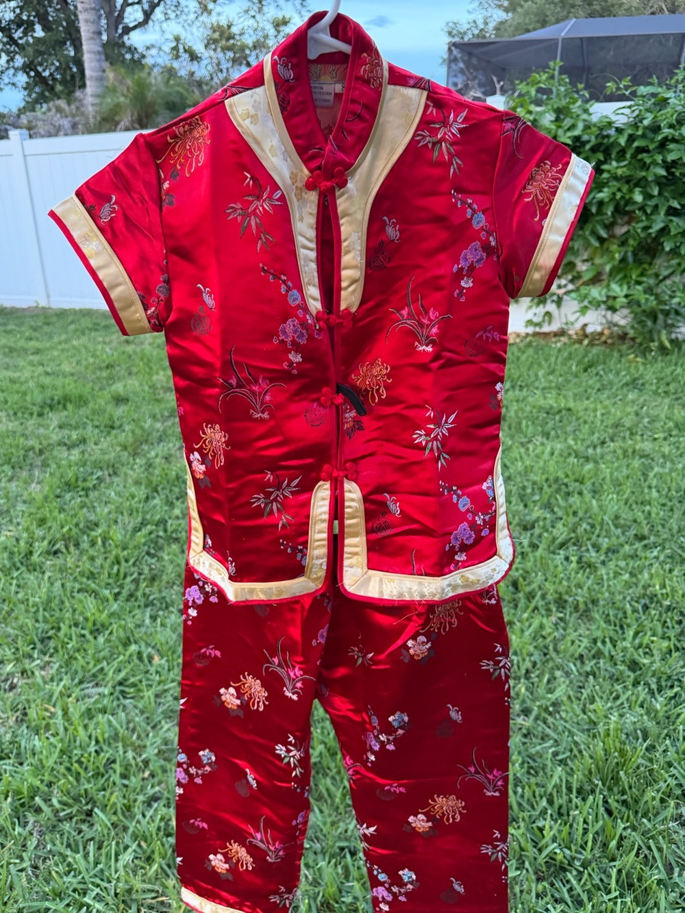 Red Satin Floral Chinese Tang Matching Set with Gold l from EPCOT Disney World
